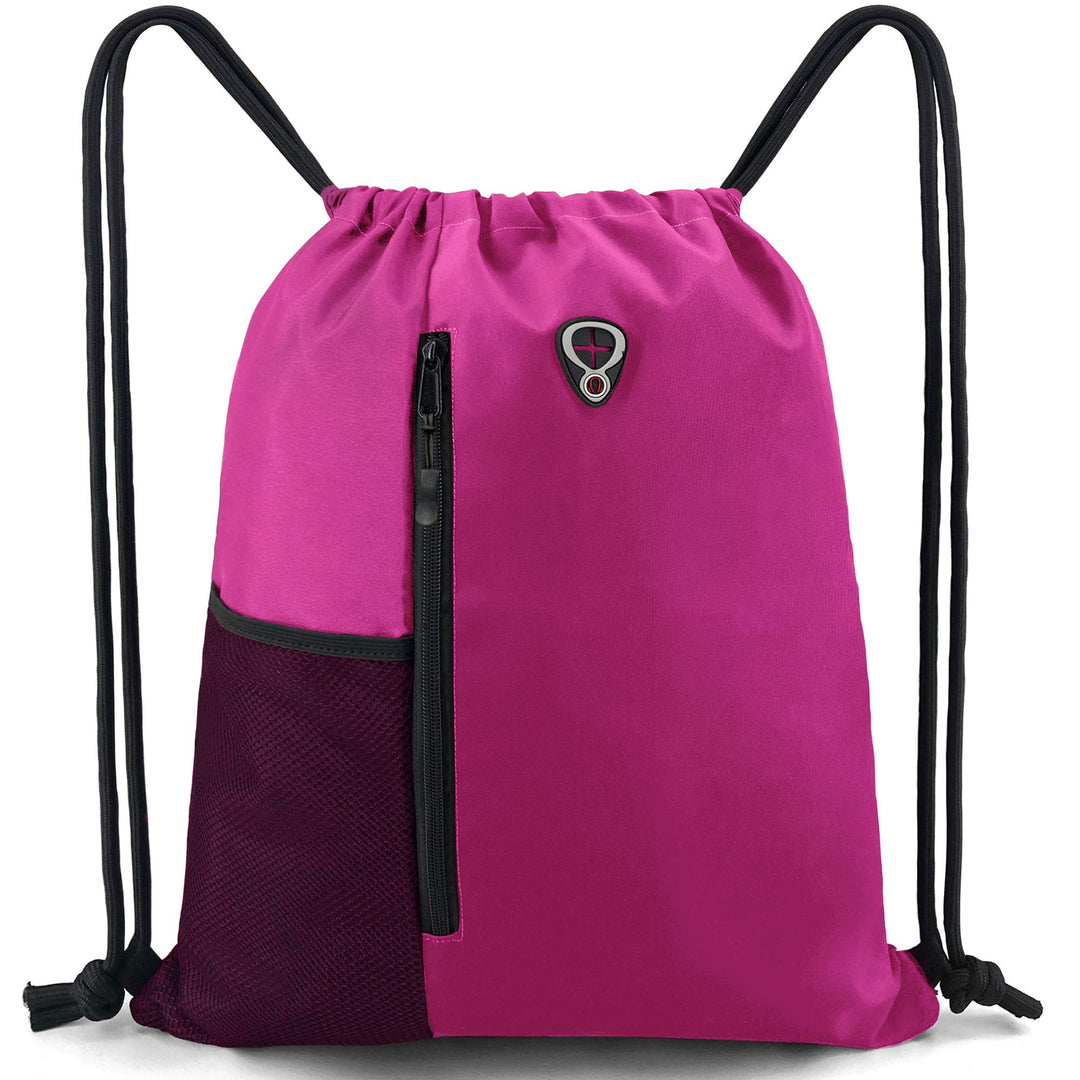 BeeGreen Pink Cinch Sack Drawstring Backpack For Women With Water Bottle Pocket &Two Zippered Pocket Large Sports Gym Sackpack For Traveling Yoga Beach Outdoor