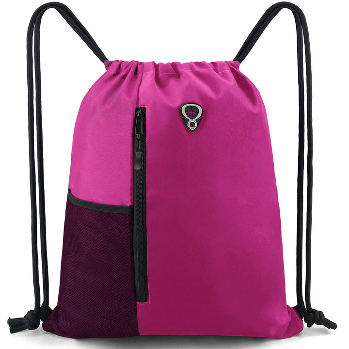 BeeGreen Pink Cinch Sack Drawstring Backpack For Women With Water Bottle Pocket &Two Zippered Pocket Large Sports Gym Sackpack For Traveling Yoga Beach Outdoor