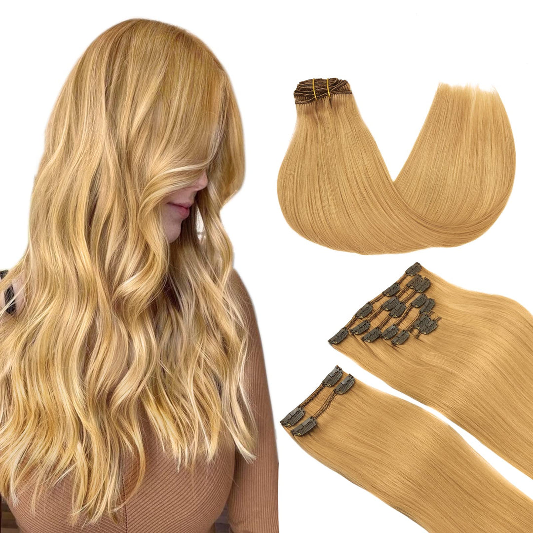 Maxita Clip In Hair Extensions Real Human Hair, 9Pcs 150G 16 Inch Dirty Blonde Natural Straight Human Hair Extensions, Thick Rem