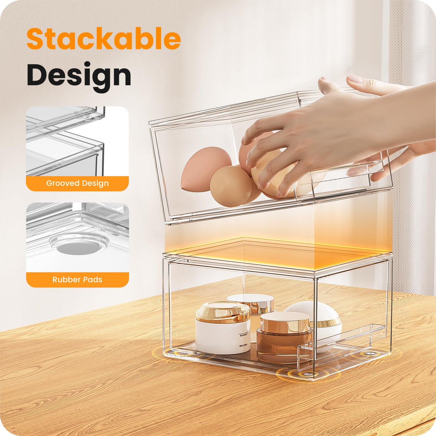 A-LuGei 2 Pack 𝗖𝗿𝘆𝘀𝘁𝗮𝗹 𝗖𝗹𝗲𝗮𝗿 Vanity Makeup Organiser, Stackable Acrylic Desk Drawer Organisers and Storage, Plastic Organisation Box for Bathroom Skincare Perfume Medicine Under Sink