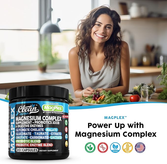 8in1 Magnesium Supplement Complex | Magnesium Glycinate Citrate Malate Gluconate Orotate Carbonate Lactate + Prebiotics Probiotics Digestive Enzymes Magnesio Capsules for Women Men by Clean Nutra