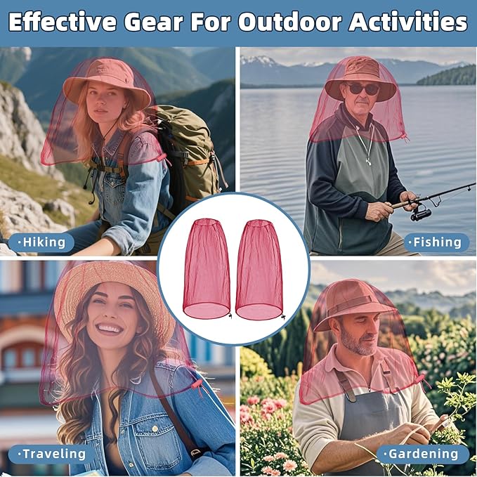 2 Pack Ultra Large Mosquito Net 42x25 Inches Mosquito Head Net Oversized Insect Netting Bug Net Fits Most Hats for Gardening Hiking Fishing Traveling(Pink)