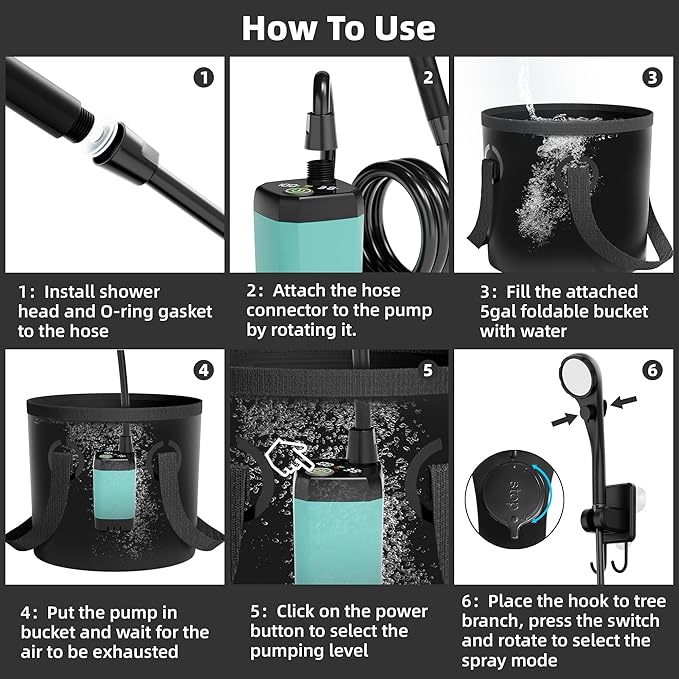 Moriko Portable Camping Shower, 6000mAh Rechargeable Shower Pump, Filtered Shower Head & 5 Gallons Foldable Bucket, Outdoor Shower for Hiking Beach, Travel, Pet Bath, Car Washing, Surf & Boat Cleaning