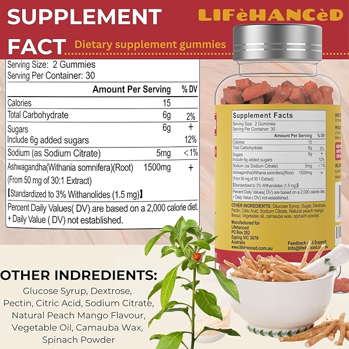 Ashwagandha Gummies, LAB Tested, 60 Count,1500mg,3% Withanolides,Peach Mango Flavour, Ideal Supplement for Your Entire Family.