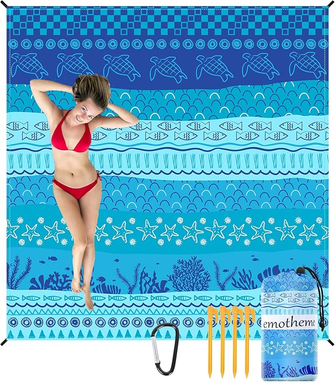 Beach Blanket, Sandproof Beach Mat 79" X 82" for 4-7 Adults, Large Waterproof Beach Blanket Quick Drying Lightweight Beach Blanket with 4 Stakes for Travel Camping Hiking(Blue Sea World)
