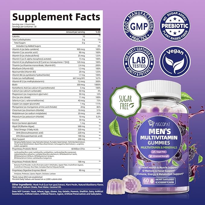 Multivitamin for Men, Mens Multivitamins Gummies w/Omega-3, Probiotics, Inositol, Folate, Biotin, Zinc, Vitamins A, C, D, E, B, - Support Heart, Brain, Muscle, Energy, Sugar-Free, Blackberry Flavor