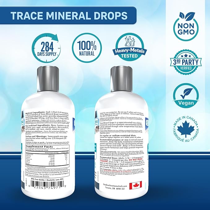Bio Absorb Trace Mineral Drops. Heavy Metal Tested. 284 Servings of Organic Trace Minerals from Concentrated Utah's GSL Sea Water. 125mg of Ionic Magnesium (12 oz)