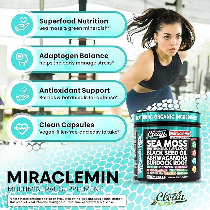 Clean Nutra Sea Moss Capsules with Ashwagandha, Black Seed Oil, Burdock Root, Bladderwrack, Moringa, Chlorella, Spirulina, Turmeric, Elderberry, Amla – 90 Vegan Capsules – MiracleMin