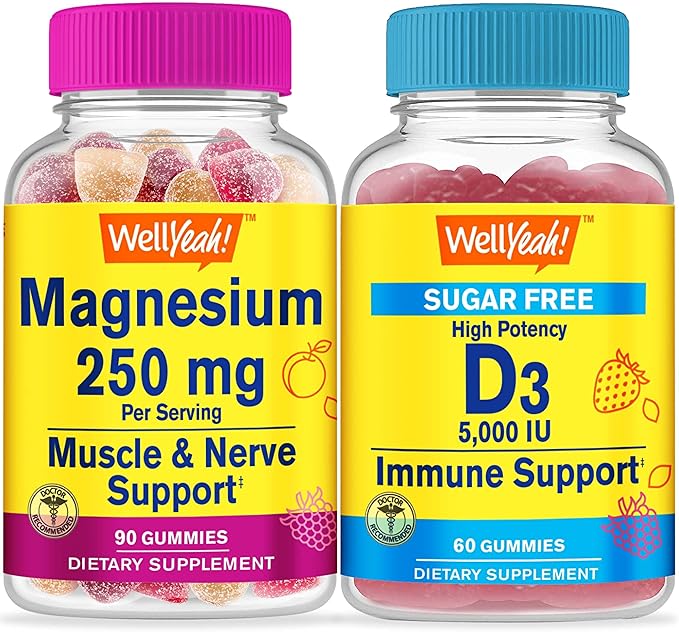 Magnesium Citrate 250mg + Vitamin D3 5,000 IU Sugar Free, Gummies Bundle - Great Tasting, Vitamin Supplement, Gluten Free, GMO Free, Chewable Gummy