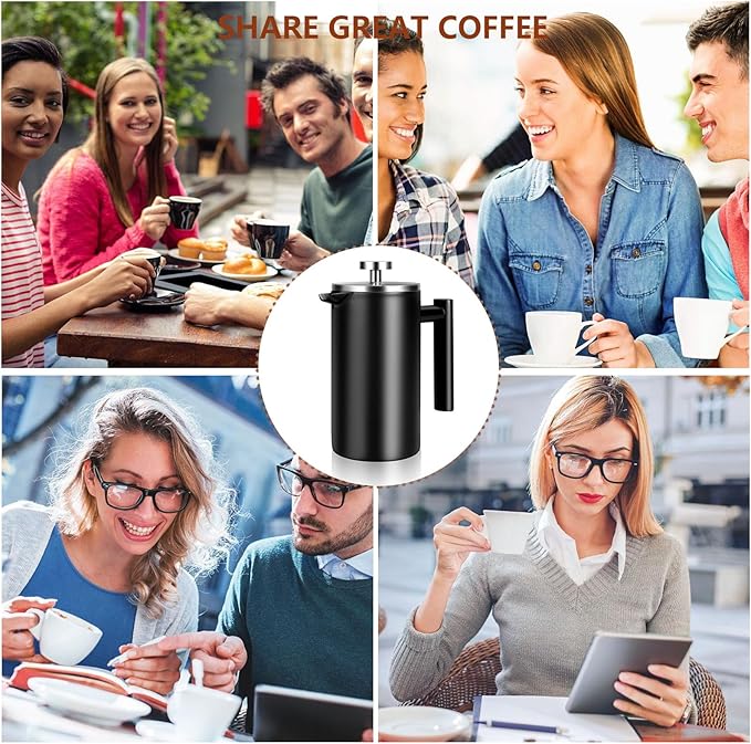 34 OZ Large French Press, Premium Stainless Steel Sturdy Insulated French Press Coffee Maker, 4-8 Cups French Coffee Press, Tea Presses for Home Kitchen Caming Loose Tea, Elegant Black