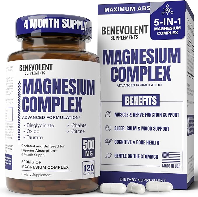 Magnesium Complex Supplement, 4 Month Supply of 500mg 5-in-1 Bisglycinate, Oxide, Taurate, Aspartate, Citrate, Max Absorption Magnesium Supplement for Calm, Sleep & Leg Cramps, 120 Capsule