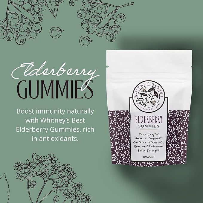 Whitney's Best Elderberry Gummies 30ct, Pure Elderberry, Immune Support Supplement with Vitamin C, Zinc, and Echinacea for Adults & Kids, No Preservatives, Dyes or Gelatins, Vegan