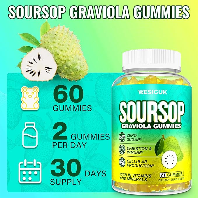 Soursop Graviola Gummies, Max Strength Soursop Leaves Extract with Sea Moss, Turmeric for Cell Support & Regeneration, Immunity, Liver and Antioxidant, Sugar/Gluten Free, Vegan - 60 Soursop Gummies