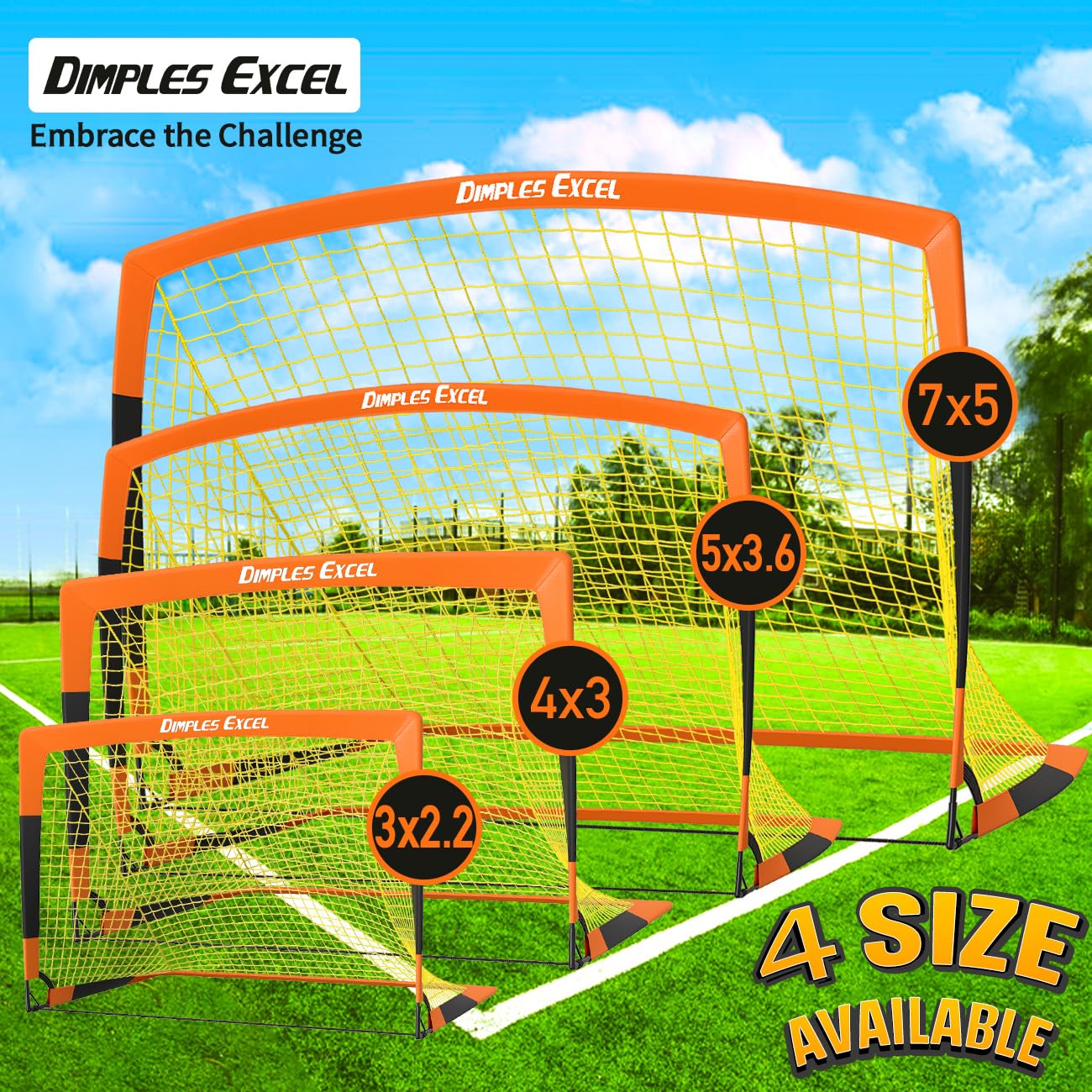 Dimples Excel Soccer Goals Kids Soccer Net for Backyard (4x3 FT 2 Set, Orange Black)