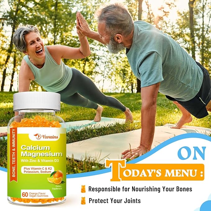 High Absorption Calcium Gummies, Sugar Free Calcium Magnesium Supplement with Potassium Vitamin D3 for Men and Women - Vegan, Orange Flavor 60 Cts