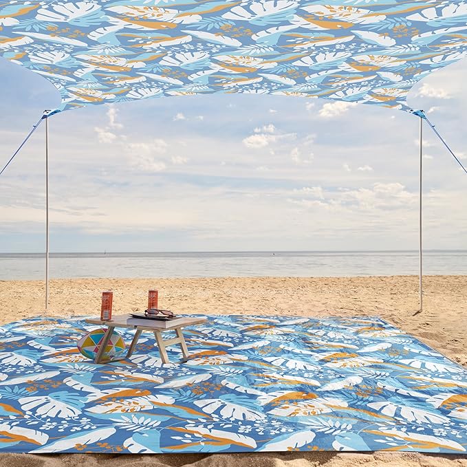 WEKAPO Beach Tent Sun Shelter - Easy Setup Beach Canopy with 4 Sturdy Poles, Extra Large Sandbags and Shovel, 7'8'' Tall, Windproof Sun Shade for Backyard and Camping, UPF 50+ Protection