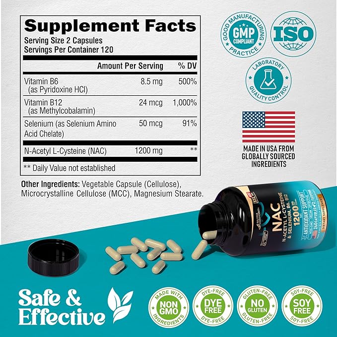NAC Supplement | Selenium | B6 | B12 - Antioxidant, Immune Support - N Acetyl Cysteine 600 mg per Capsule, 1200 mg per Serving - Made in USA - Non-GMO, Gluten-Free, Vegan - 240 Caps, 4 Month Supply
