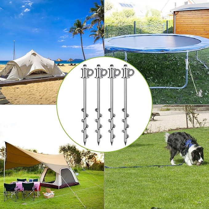 4 Pack Tent Stakes, 12 Inch Heavy Duty Ground Anchors, Full Welding, Easy to Screw in and Reusable, for Camping Tents, Trampolines, Sheds, Swing Sets, Securing Animals