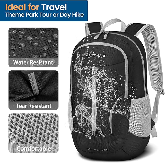 ZOMAKE Ultra Lightweight Packable Backpack 25L, Foldable Hiking Backpacks Water Resistant Small Folding Daypack for Travel(Black)