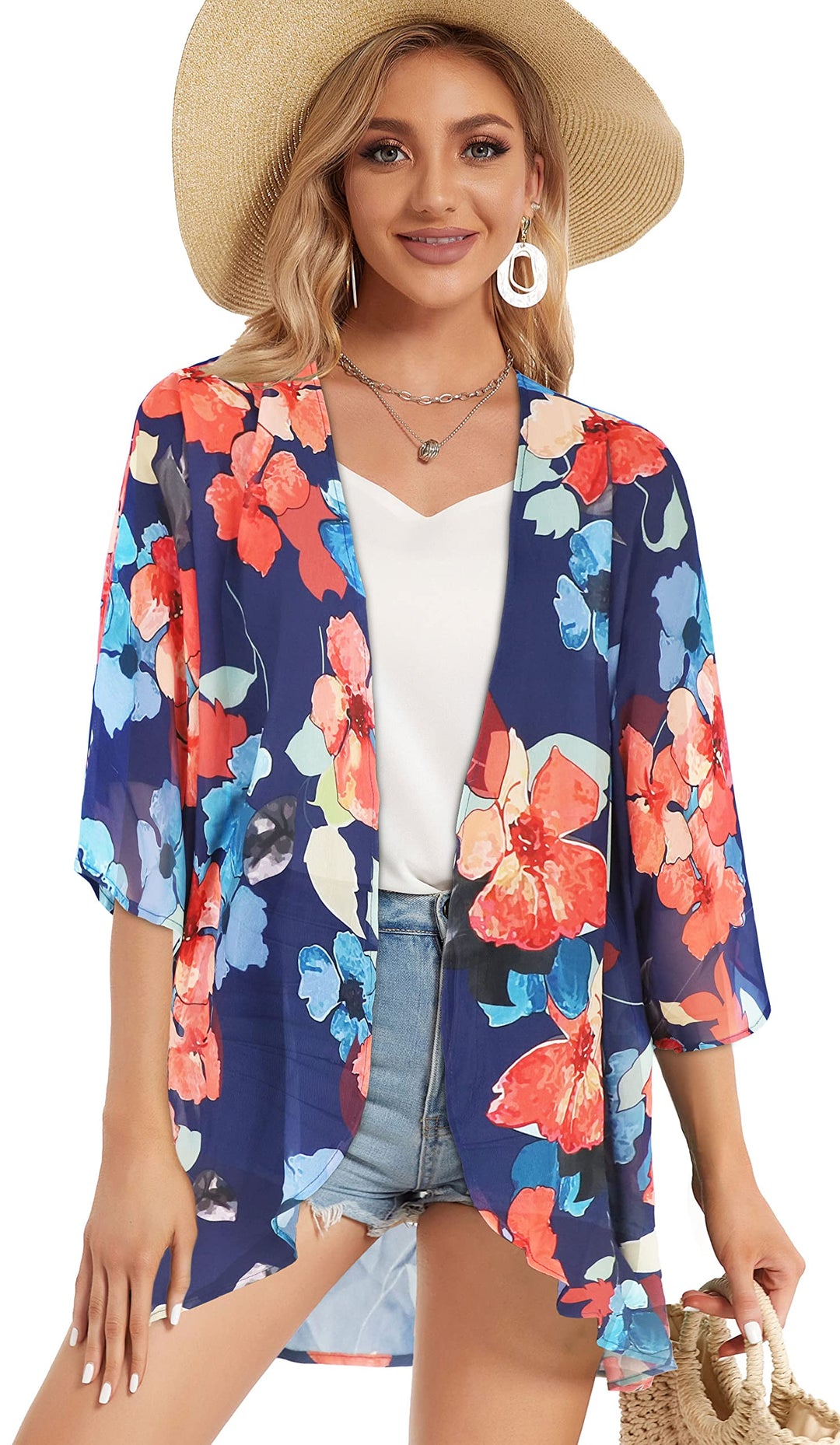 Summer Kimono Cardigan for Women Sheer Light Tops Casual Open Front Swimwear Shirts Beach Cover ups (Oil Blue,S)