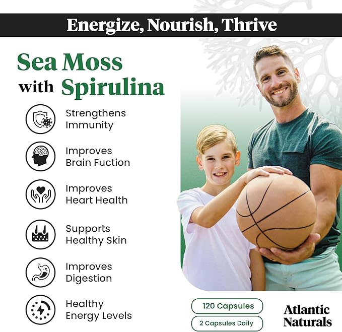 Atlantic Naturals Sea Moss Superfood Bundle - Sea Moss with Beet Root & Spirulina Capsules - Defense Support, Blood Flow, Joint Health & Iron - 240 Capsules (2 x 120 ct)