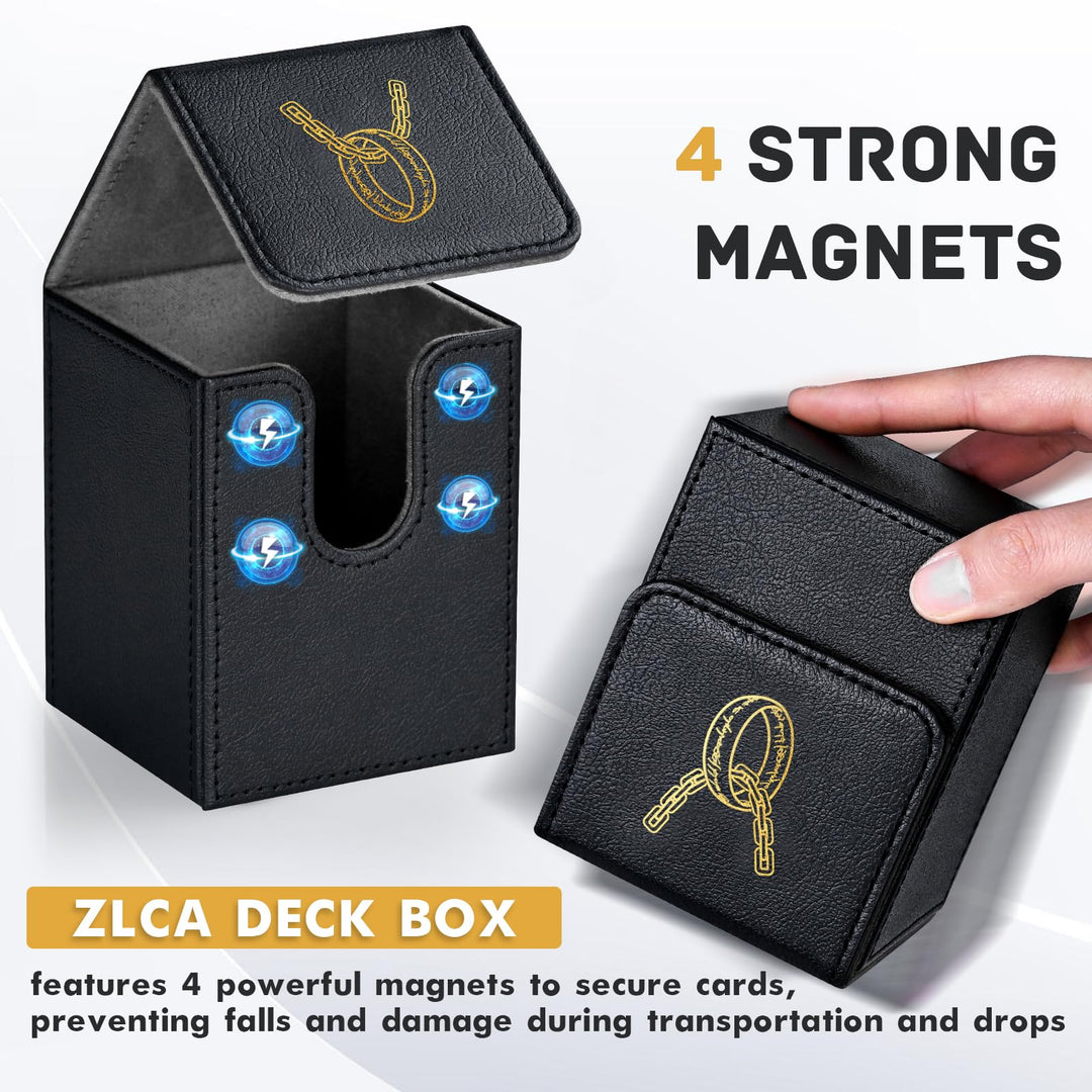 ZLCA Card Deck Box for MTG Cards with 2 Dividers, Card Storage Box Fits 100+ Single Sleeved Cards, PU Leather TCG Card Deck Case Holder for Magic Commander Yugioh (Black,Ring)