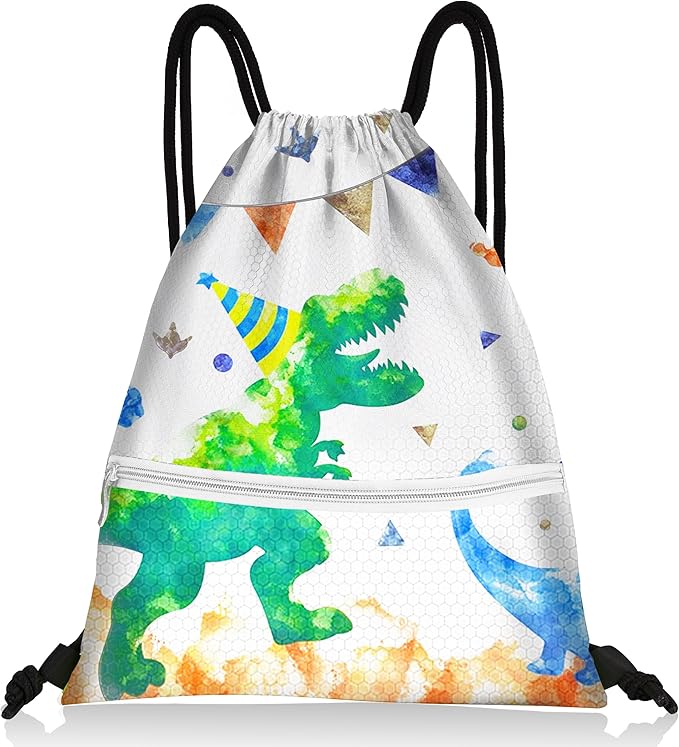 Slohif Drawstring Backpack Beach Swim Bag for Kids Draw String Dance Travel Cinch Ballet Gym Bags for Girls Boys Green Dinosaur Waterproof Backpack for Swimming Summer Camp Pool Sports Nylon Large