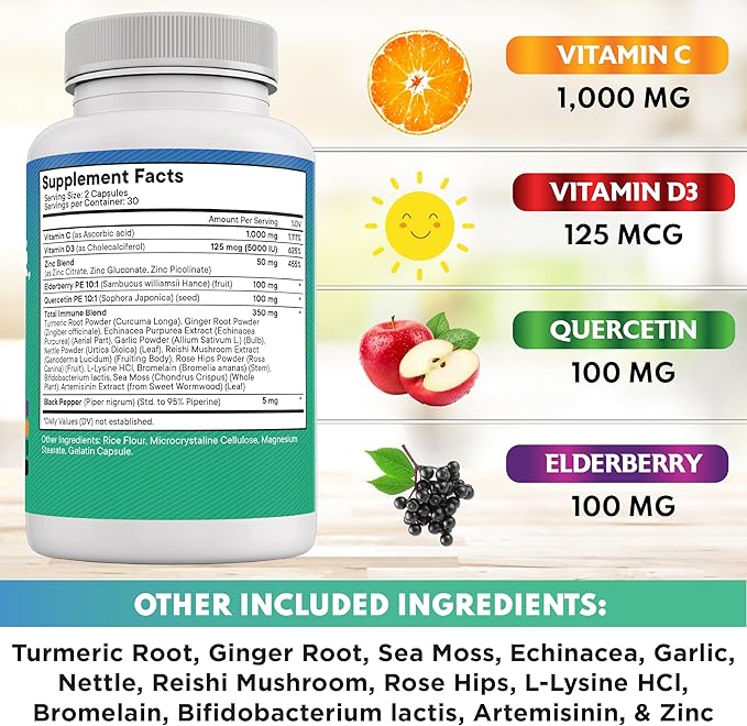 Quercetin Zinc Vitamin C Vitamin D Bromelain Elderberry -Nettle Supplement with Artemisinin, Sea Moss, Echinacea - 120 Count