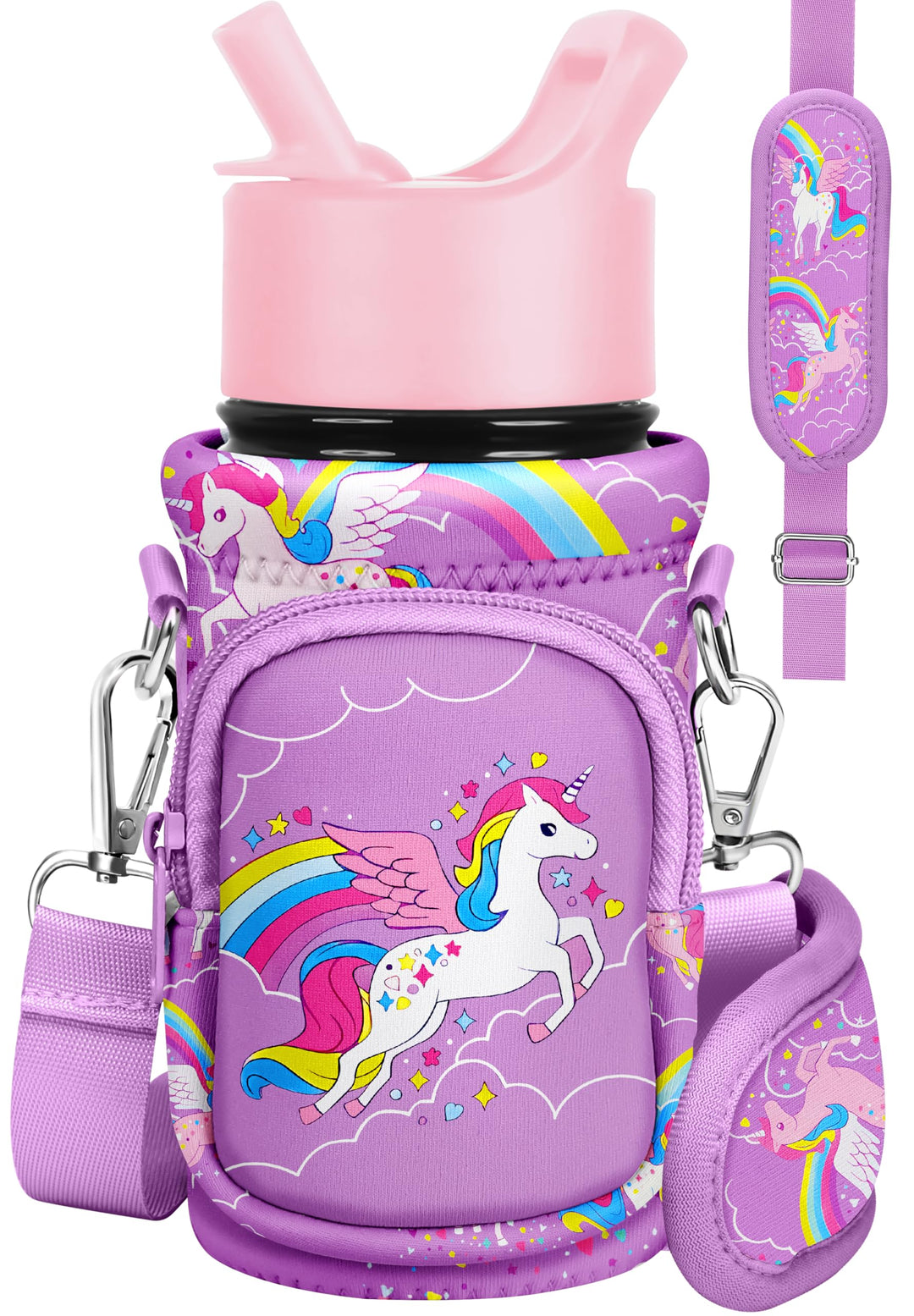 Miss Adola Water Bottle Carrier with Strap Cartoon Water Bottle Bags Holder for Kids Boys Girls Neoprene Insulated Bottle Bag for 10/12/14/16/18Oz Stainless Steel Glass Bottles Sleeve, Purple Unicorn