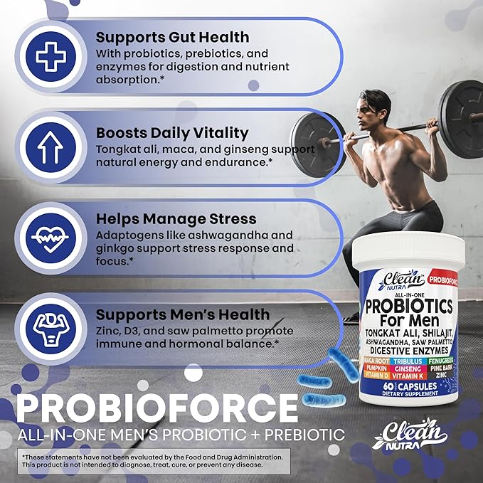Clean Nutra Probiotics for Men | Tongkat Ali, Saw Palmetto, Tribulus, Ginseng, Ashwagandha, Maca, Pumpkin, Gingko Biloba, Pine Bark, Fenugreek, Shilajit, Zinc - Mens Probiotic 60 Capsules