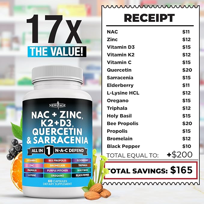 NEW AGE NAC Supplement N-Acetyl Cysteine- with Vitamin D3, K2, Zinc, Quercetin, Triphala, Sarracenia Purpurea, Elderberry, Holy Basil, Bee Propolis, Bromelain, L-Lysine - 60 Count