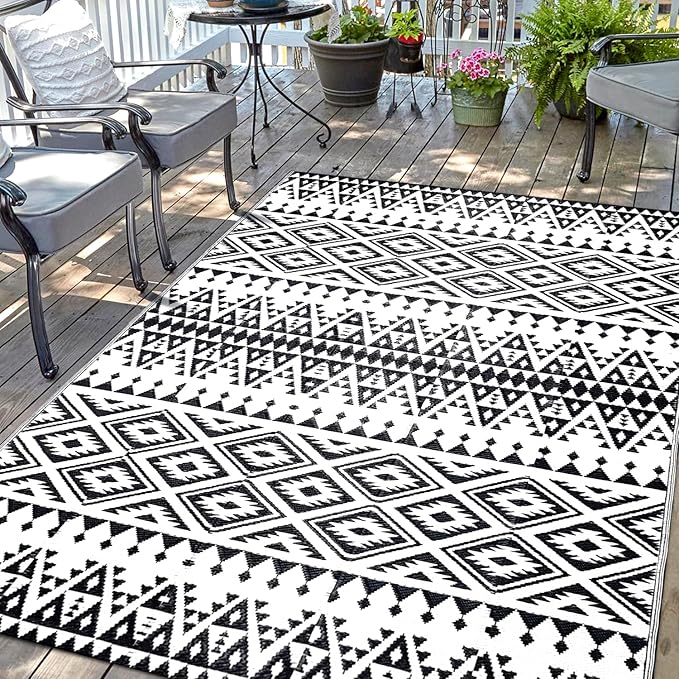 Waterproof Outdoor Rug 5x8ft, Bohemia Reversible Plastic Straw Mat for Patio RV Deck Porch Backyard Balcony Camping Picnic Beach Indoor Outdoor Carpet, Black&White