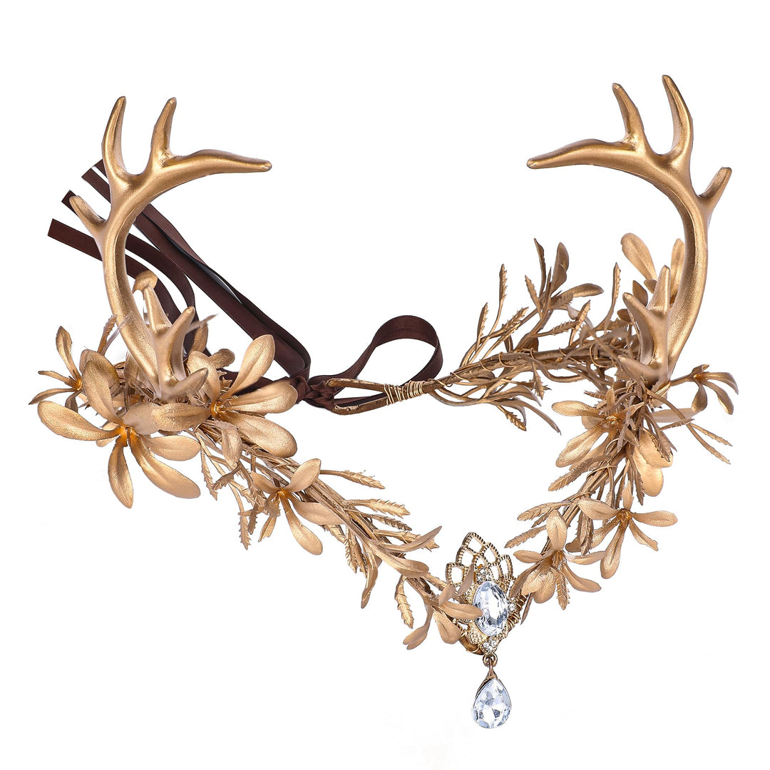 MOSTORY Gold Fairy Antler Crown - Woodland Flower Deer Horns Headpiece Elf Forest Ciecle for Women Renaissance Cosplay Renfaire Outfit Hallween Costume
