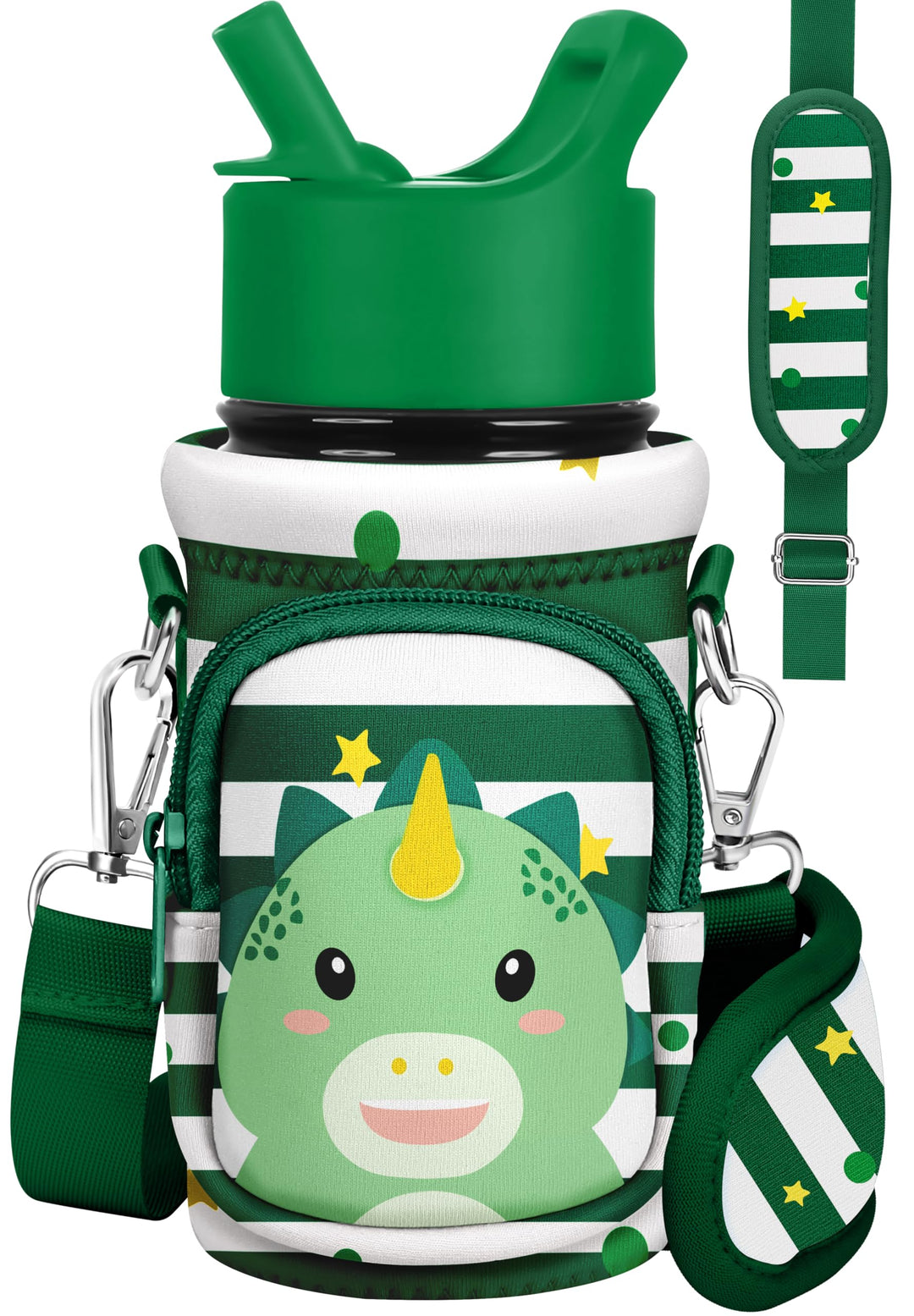 Miss Adola Water Bottle Carrier with Strap Cartoon Water Bottle Bags Holder for Kids Boys Girls Neoprene Insulated Bottle Bag for 10/12/14/16/18Oz Stainless Steel Glass Bottles Sleeve, Green Dinosaur
