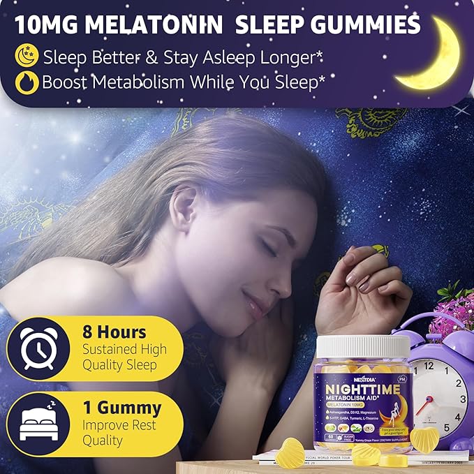 Melatonin 10mg Gummies, Night Time Metabolism Gummies for Adults, Crush Excess Hoarding While You Rest, Promote Healthy Zzzs, with Magnesium, Ashwagandha, 5-HTP, GABA, 100% Drug Free,Sugar Free,2Packs