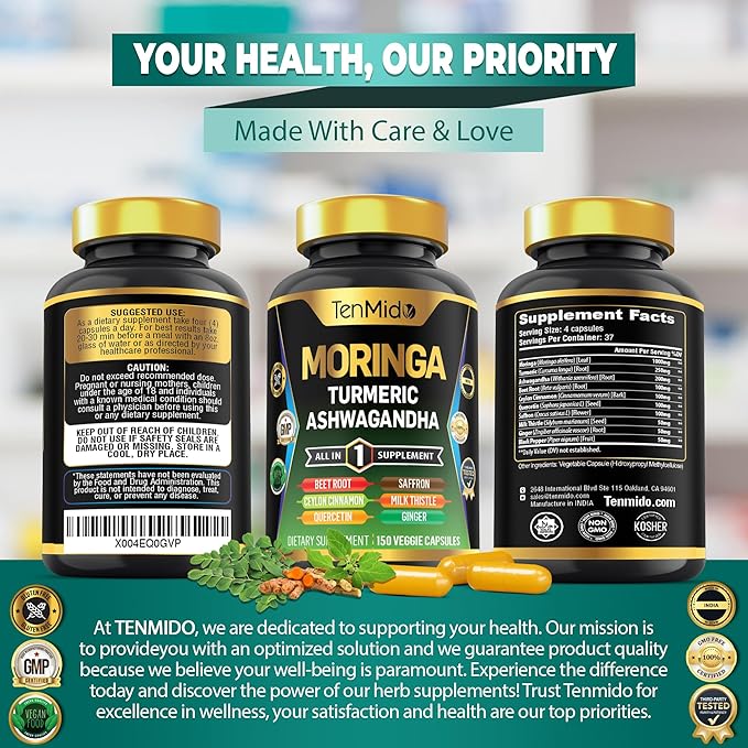 Moringa Oleifera Supplement for Men and Women, 10in1 Formula with Turmeric, Ashwagandha, Ceylon Cinnamon, Beet Root, Saffron & More - Energy, Immune Support - Nutrient Rich - 150 Capsules