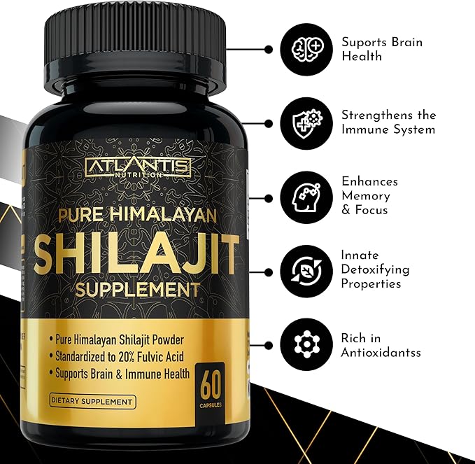 Atlantis Nutrition Himalayan Shilajit Capsules Formulated with 20% Fulvic Acid | 10:1 Extract Providing 10,000mg D.H.E. | USA Made | Himalayan Shilajit Supplement for Men & Women | 120 Capsules