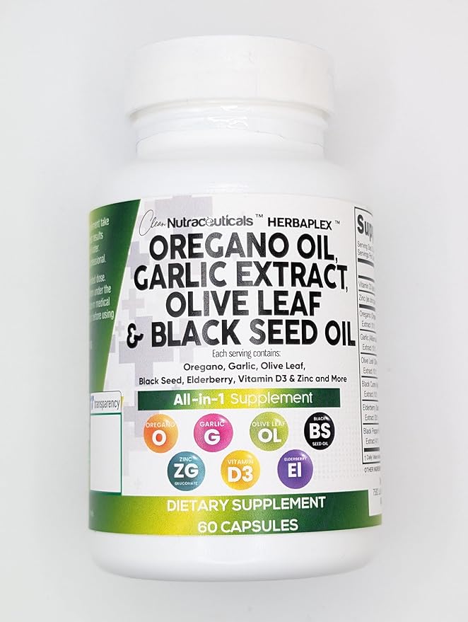 Clean Nutraceuticals Oregano Oil Garlic Extract Olive Leaf Black Seed Oil - Immune Support & Digestive Health Supplement for Women and Men with Vitamin D3 & Zinc - 2Pack