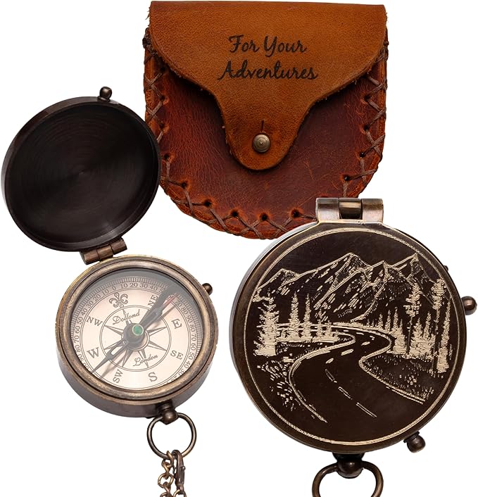 Antique Brass Compass with Leather Case - Mountains & Roads Engraved Pocket Compass for Men - Genuine Leather Pouch Stamped with 'For Your Adventures' - Vintage Gift for Husband, Father & Son