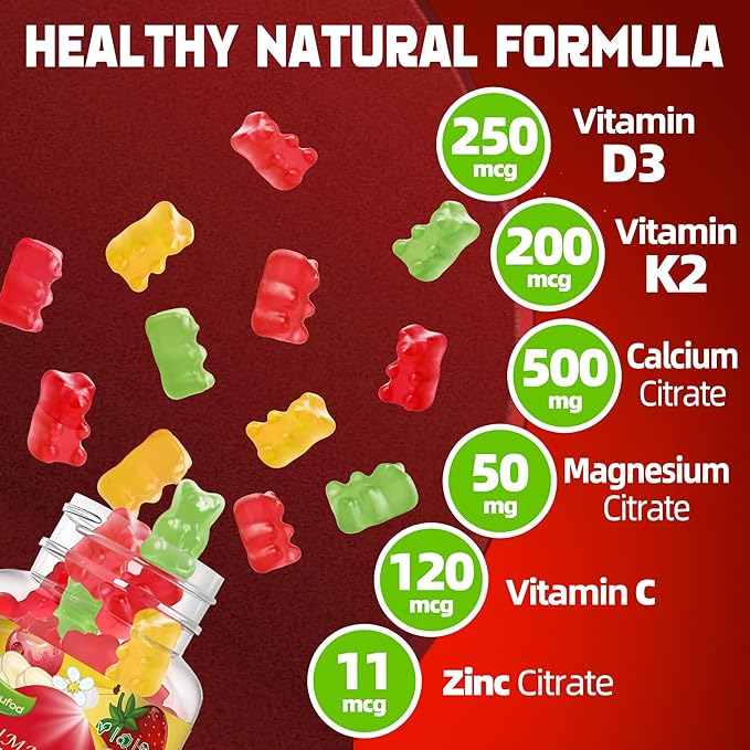 Sugar-Free Vitamin D3 K2 Gummies with Calcium + K2 (MK-7), Magnesium Citrate, Vitamin C, Extra Strength - Ultimate Absorption for Bone Muscle Teeth Immune, Vegan - 60 Gummies