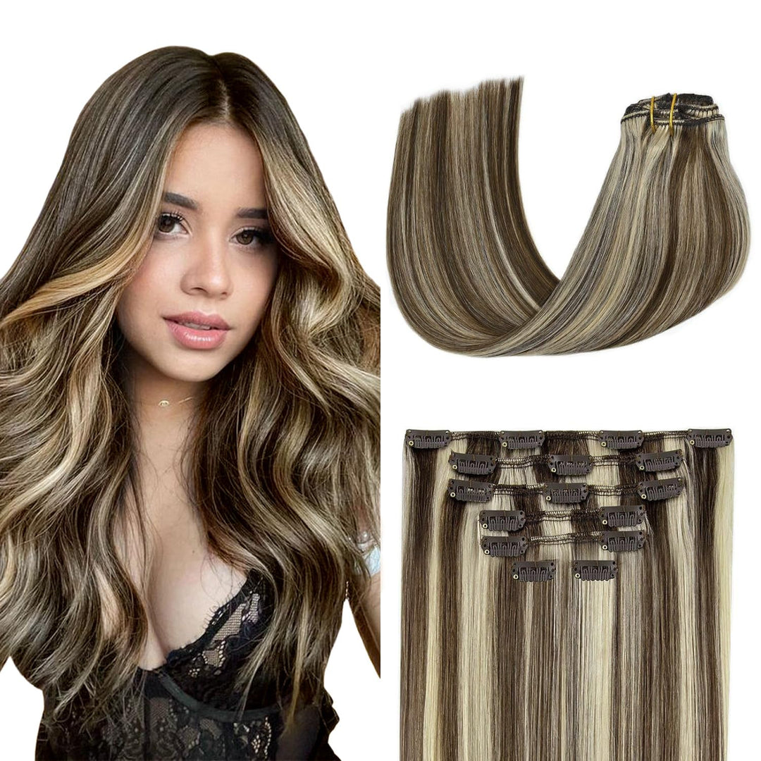 Ombre Balayage Clip In Hair Extensions Real Human Hair 70G Medium Brown To Blonde 100% Remy Human Hair Straight For Women 7Pcs 1