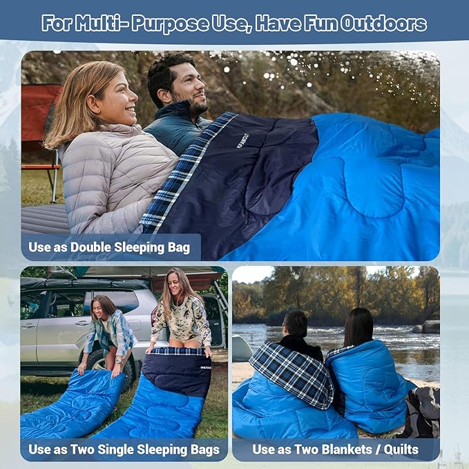 Cotton Flannel Double Sleeping Bag for Adults Machine Washable 2 Person Camping Sleeping Bag Queen Size Waterproof with Compression Sack for Cold Weather 3-4 Seasons