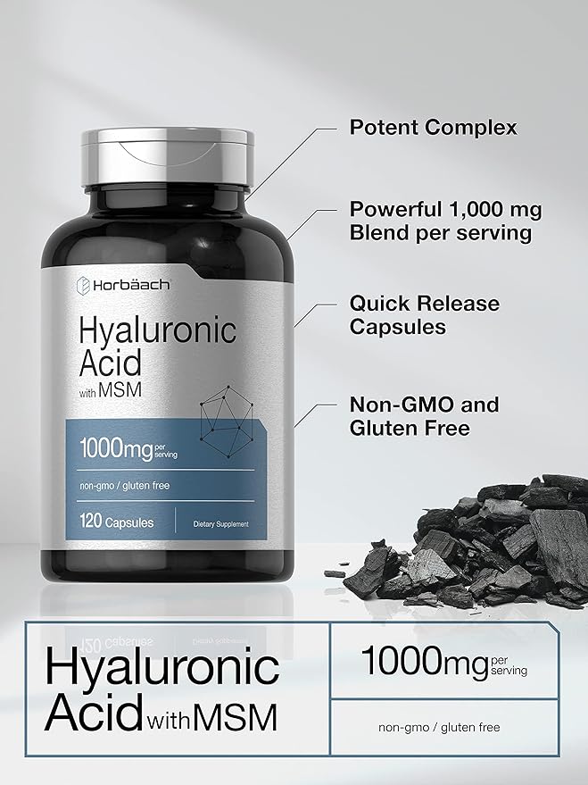 Horbäach Hyaluronic Acid with MSM | 1000 mg | 120 Capsules | Non-GMO and Gluten Free Supplement | Bioavailable Formula