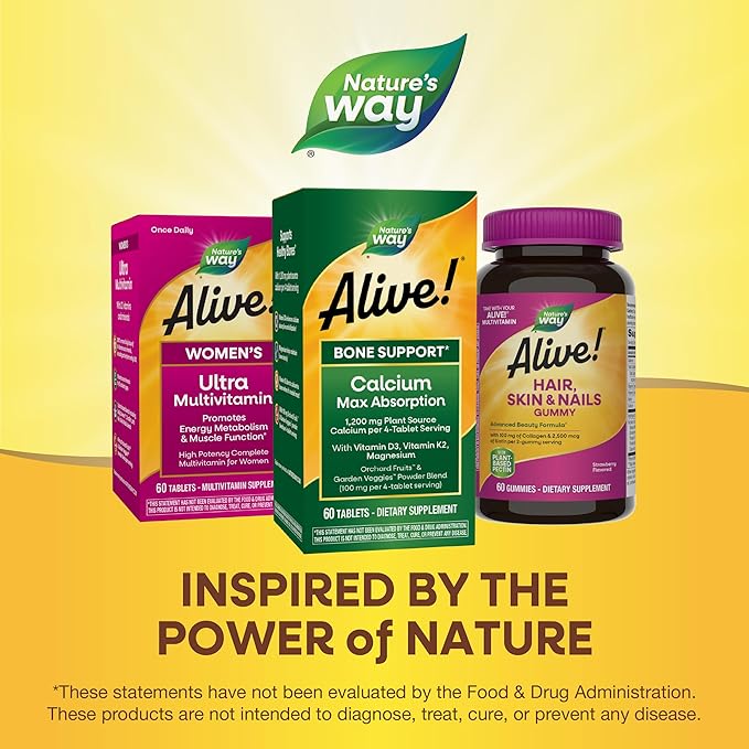Nature's Way Alive! Calcium Max Absorption, Plant Source Calcium, Vitamin D3 & K2, Magnesium, Bone Support*, 60 Tablets (Packaging May Vary)