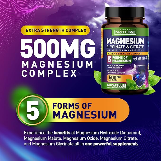 Magnesium Complex 500mg - 5 Forms of Magnesium Glycinate, Citrate, Malate, Oxide & Aquamin with 72 Trace Minerals - Chelated for Absorption - Supplement for Muscle, Nerve, Heart & Sleep (120 Capsules)