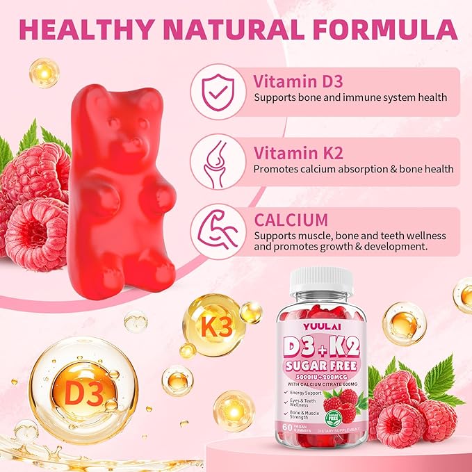 Pack of 2 Vitamin D3 K2 Gummies, D3 Vitamin 5,000 IU + K2 200mcg - Vegan K2 D3 Vitamin Supplement, Highly Absorbent Supports Bone, Muscle, Immune, Raspberry, 120 Count