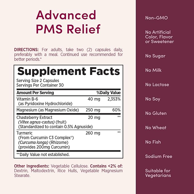Nature's Bounty Optimal Solutions Advanced PMS Relief for Menstrual Cycle Support; Period Relief; PMS Support Supplement for Women – Chasteberry; Hormone-Free; 60 Capsules