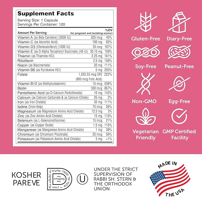 Zahler - Total One Prenatal Vitamins for Women (120 Count) Daily Multi Vitamin Prenatals with Folic Acid, Iron, Zinc & 19 Other Essential Vitamins & Minerals - Kosher Pre Natal Multivitamin Capsules