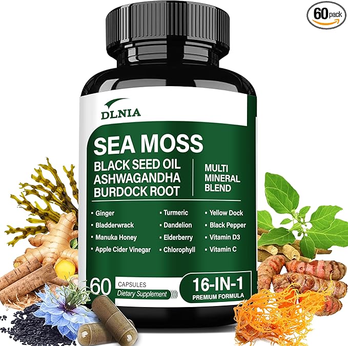 16-in-1 Organic Sea Moss, Ashwagandha, Black Seed Oil, Turmeric, Bladderwrack Burdock, Vitamin C & D3 with Elderberry Manuka Dandelion Yellow Dock