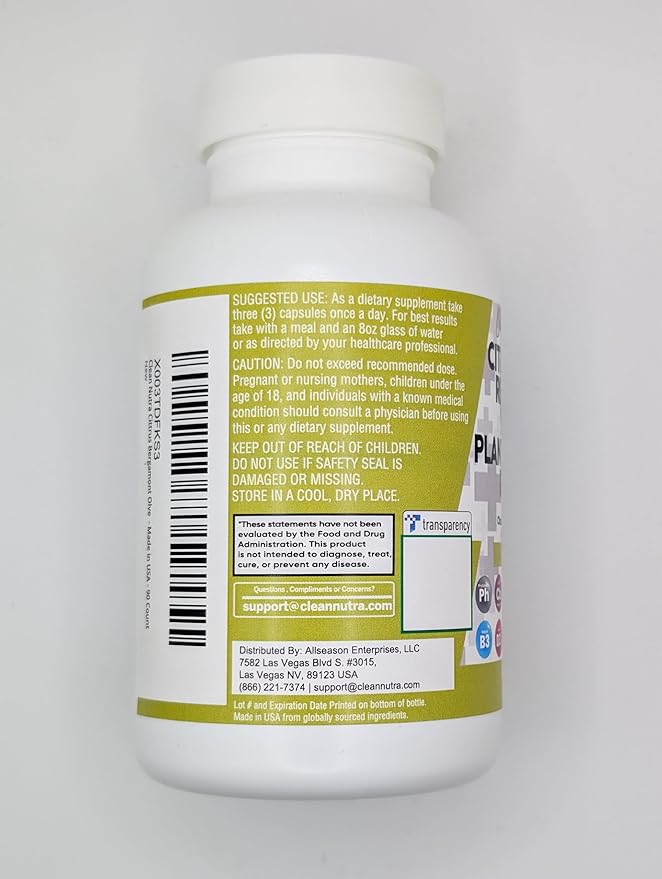 Clean Nutraceuticals Citrus Bergamot Red Yeast Rice Capsules with Plant Sterols - with Hawthorn Extract Olive Leaf Niacin Vitamin K3 D3 COQ10 Guggul & More